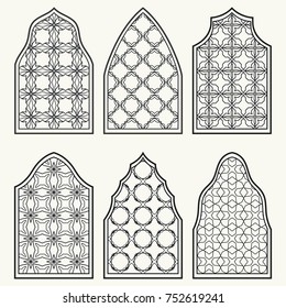 Set of 6 windows with geometric ornament in arabian style. Traditional arabic or islamic ornamental windows in black and white. Isolated design elements for invitation, greeting card, coloring page