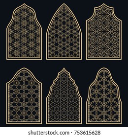 Set of 6 windows with geometric ornament in arabian style. Traditional arabic or islamic ornamental windows in gold and black. Isolated design elements for invitation, greeting card