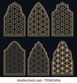 Set of 6 windows with geometric ornament in arabian style. Traditional arabic or islamic ornamental windows in gold and black. Isolated design elements for invitation, greeting card