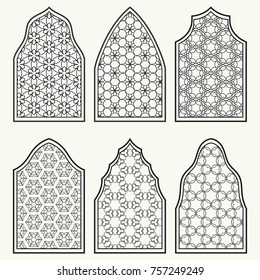 Set of 6 windows with geometric ornament in arabian style. Traditional arabic or islamic ornamental windows in black and white. Isolated design elements for invitation, greeting card, coloring page