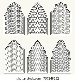 Set of 6 windows with geometric ornament in arabian style. Traditional arabic or islamic ornamental windows in black and white. Isolated design elements for invitation, greeting card, coloring page