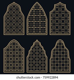 Set of 6 windows with geometric ornament in arabian style. Traditional arabic or islamic ornamental windows in gold and black. Isolated design elements for invitation, greeting card