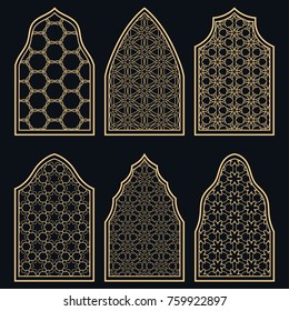 Set of 6 windows with geometric ornament in arabian style. Traditional arabic or islamic ornamental windows in gold and black. Isolated design elements for invitation, greeting card