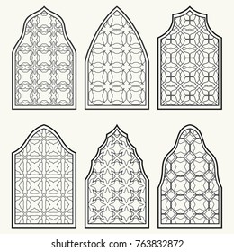 Set of 6 windows with geometric ornament in arabian style. Traditional arabic or islamic ornamental windows in black and white. Isolated design elements for invitation, greeting card, coloring page