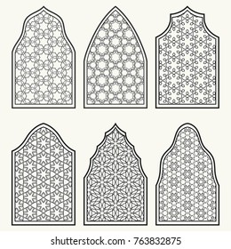 Set of 6 windows with geometric ornament in arabian style. Traditional arabic or islamic ornamental windows in black and white. Isolated design elements for invitation, greeting card, coloring page
