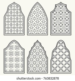 Set of 6 windows with geometric ornament in arabian style. Traditional arabic or islamic ornamental windows in black and white. Isolated design elements for invitation, greeting card, coloring page