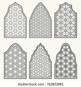 Set of 6 windows with geometric ornament in arabian style. Traditional arabic or islamic ornamental windows in black and white. Isolated design elements for invitation, greeting card, coloring page