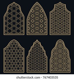 Set of 6 windows with geometric ornament in arabian style. Traditional arabic or islamic ornamental windows in gold and black. Isolated design elements for invitation, greeting card