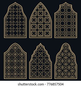 Set of 6 windows with geometric ornament in arabian style. Traditional arabic or islamic ornamental windows in gold and black. Isolated design elements for invitation, greeting card