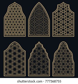 Set of 6 windows with geometric ornament in arabian style. Traditional arabic or islamic ornamental windows in gold and black. Isolated design elements for invitation, greeting card