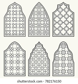 Set of 6 windows with geometric ornament in arabian style. Traditional arabic or islamic ornamental windows in black and white. Isolated design elements for invitation, greeting card, coloring page