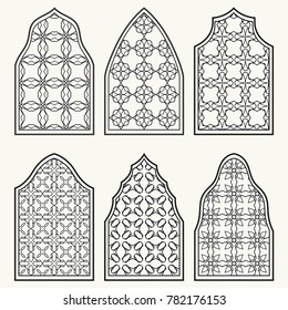 Set of 6 windows with geometric ornament in arabian style. Traditional arabic or islamic ornamental windows in black and white. Isolated design elements for invitation, greeting card, coloring page