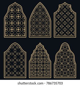 Set of 6 windows with geometric ornament in arabian style. Traditional arabic or islamic ornamental windows in gold and black. Isolated design elements for invitation, greeting card