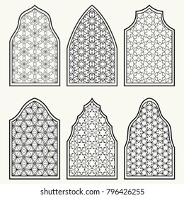 Set of 6 windows with geometric ornament in arabian style. Traditional arabic or islamic ornamental windows in black and white. Isolated design elements for invitation, greeting card, coloring page