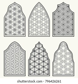 Set of 6 windows with geometric ornament in arabian style. Traditional arabic or islamic ornamental windows in black and white. Isolated design elements for invitation, greeting card, coloring page
