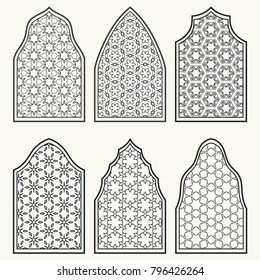 Set of 6 windows with geometric ornament in arabian style. Traditional arabic or islamic ornamental windows in black and white. Isolated design elements for invitation, greeting card, coloring page