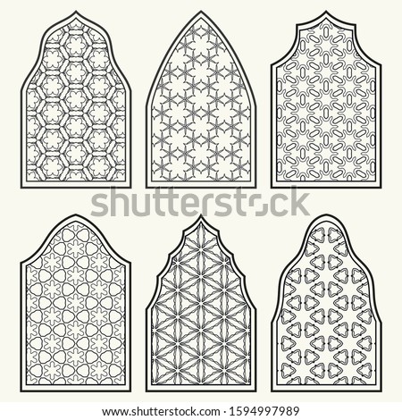 Set of 6 windows with geometric ornament in arabian style. Traditional arabic or islamic ornamental windows in black and white. Isolated design elements for invitation, greeting card, coloring page