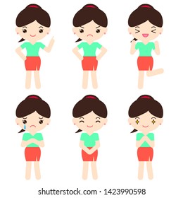 Set of 6 woman characters with difference poses and emotions.