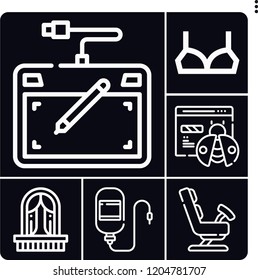 Set of 6 woman outline icons such as drawing tablet, balcony, brassiere, transfusion, gynecology