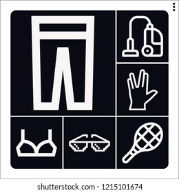 Set of 6 woman outline icons such as vacuum cleaner, vulcan salute, glasses, brassiere, trousers