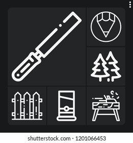 Set of 6 wood outline icons such as guillotine, fence, forest, cutting, carpenter