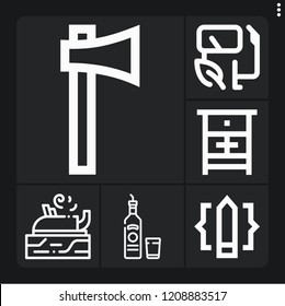 Set of 6 wood outline icons such as biofuel, carpentry, liquor, axe, pencil
