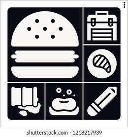 Set of 6 wooden filled icons such as soap, barrel, pencil, hamburguer, steak