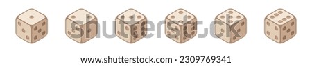 Set of 6 wooden game dice. 3D casino clipart. Isolated vector illustration on white background.
