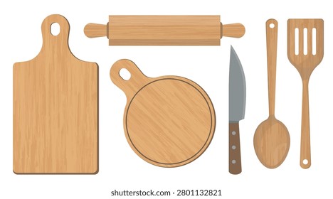 Set of 6 Wooden Kitchen Utensils - Rectangular and Circular Cutting Boards, Rolling Pin, Knife, Spoon and Spatula. Vector Illustrations.