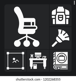 Set of 6 work filled icons such as edit, office chair, desk, manual, apron