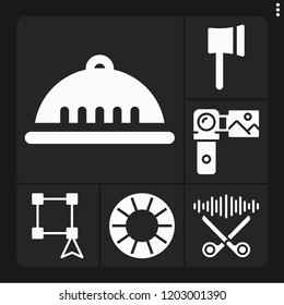 Set of 6 work filled icons such as ax, helmet, scissors, camcorder, select