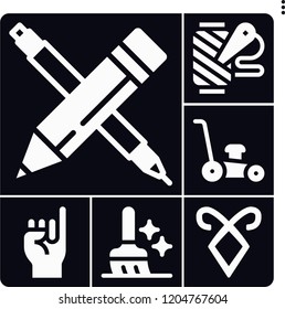Set of 6 work filled icons such as pencil, sweep, lawn mower, blade, spool of thread