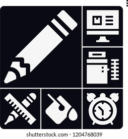 Set of 6 work filled icons such as computer, paint bucket, pencil, balancer