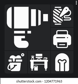 Set of 6 work filled icons such as helmet, desk, bucket, printer, driller