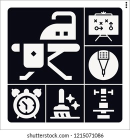 Set of 6 work filled icons such as pencil, strategy, sweep, caliper, alarm clock