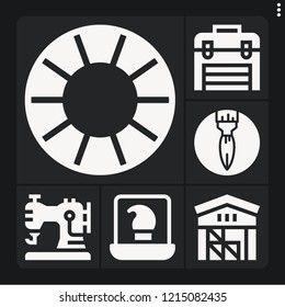 Set of 6 work filled icons such as paint brush, warehouse, iron man, laptop, sewing machine