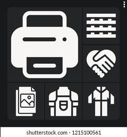 Set of 6 work filled icons such as file, pallet, apron, printer, coverall