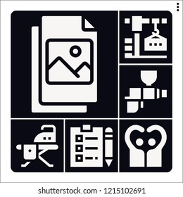 Set of 6 work filled icons such as file, crane, notepad, people, ironing board