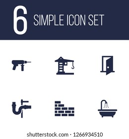 Set of 6 work icons set. Collection of plumbing, bathtub, brickwork and other elements.