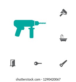 Set of 6 work icons set. Collection of key, drill, handsaw elements.