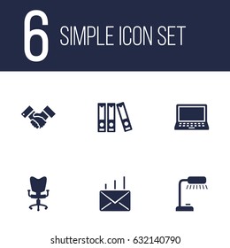 Set Of 6 Work Icons Set.Collection Of Mail, Laptop, Table Lighter And Other Elements.
