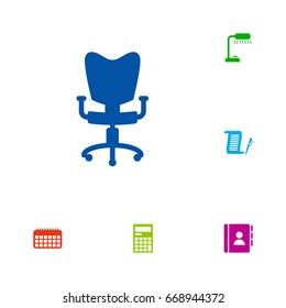 Set Of 6 Work Icons Set.Collection Of Office Chair, Address Book, Calendar And Other Elements.