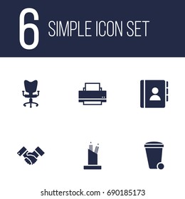 Set Of 6 Work Icons Set.Collection Of Pencil Stand, Trash Can, Address Book Elements.