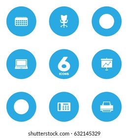 Set Of 6 Work Icons.Collection Of Printer, Laptop, Office Chair And Other Elements.