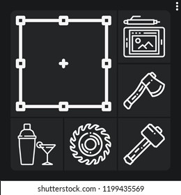 Set of 6 work outline icons such as cocktail, hammer, axe, saw, graphic tablet