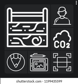 Set of 6 work outline icons such as toolbox, user, co, graphic tablet, select