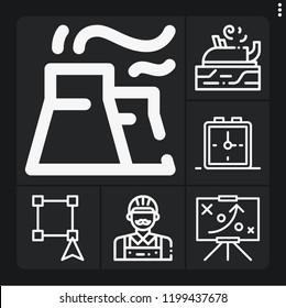 Set of 6 work outline icons such as carpentry, industry, carpenter, strategy, alarm clock