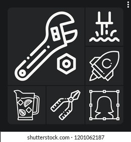 Set of 6 work outline icons such as wrench, industry, cocktail, startup, pliers