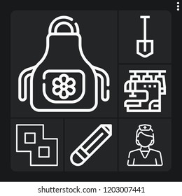 Set of 6 work outline icons such as merge, pencil, apron, sewing machine, nurse