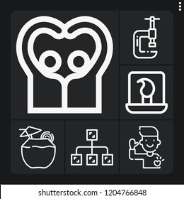 Set of 6 work outline icons such as clamp, cocktail, diagram, laptop, people